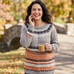 Coldwater Creek Gray and Orange Patterned Sweater